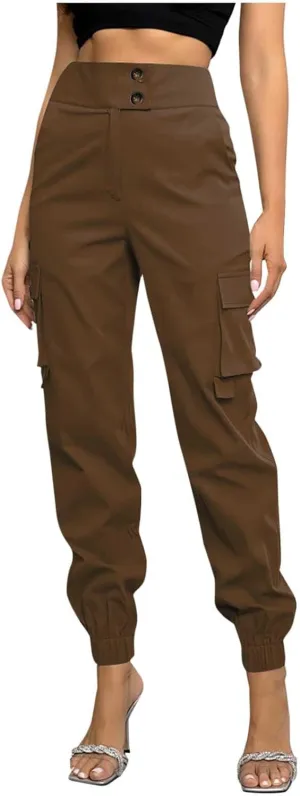 Women's Cargo Jogger Pants with Pockets Casual Button High Waist Slim Fit Workout Athletic Hiking Tapered Trousers