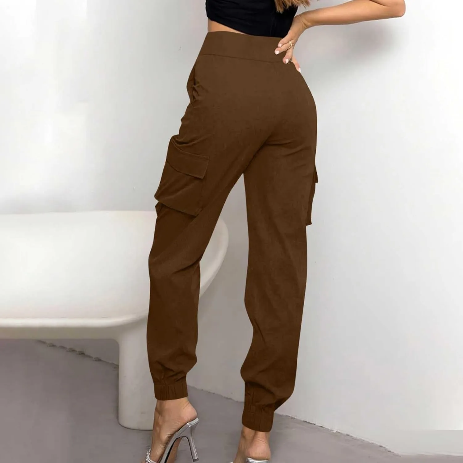 Women's Cargo Jogger Pants with Pockets Casual Button High Waist Slim Fit Workout Athletic Hiking Tapered Trousers