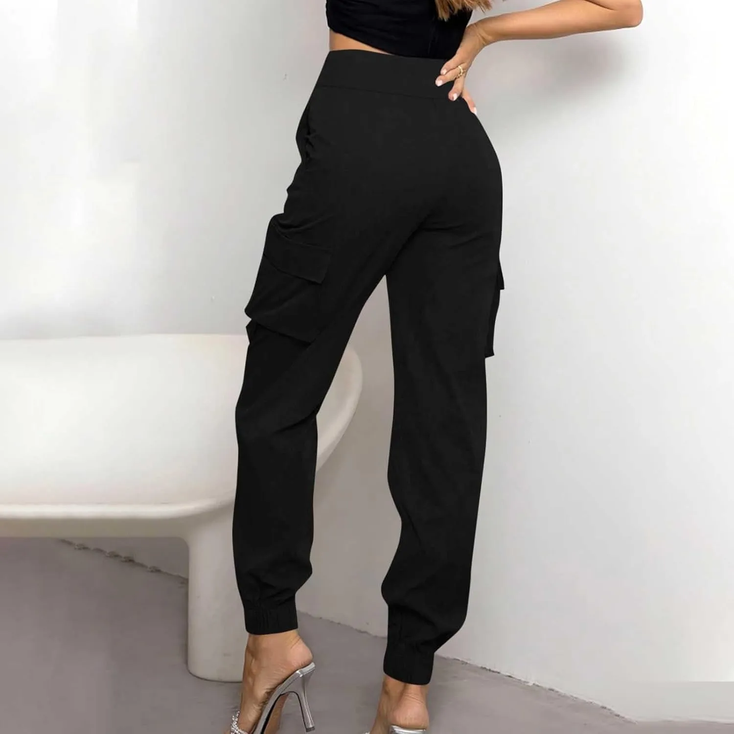 Women's Cargo Jogger Pants with Pockets Casual Button High Waist Slim Fit Workout Athletic Hiking Tapered Trousers