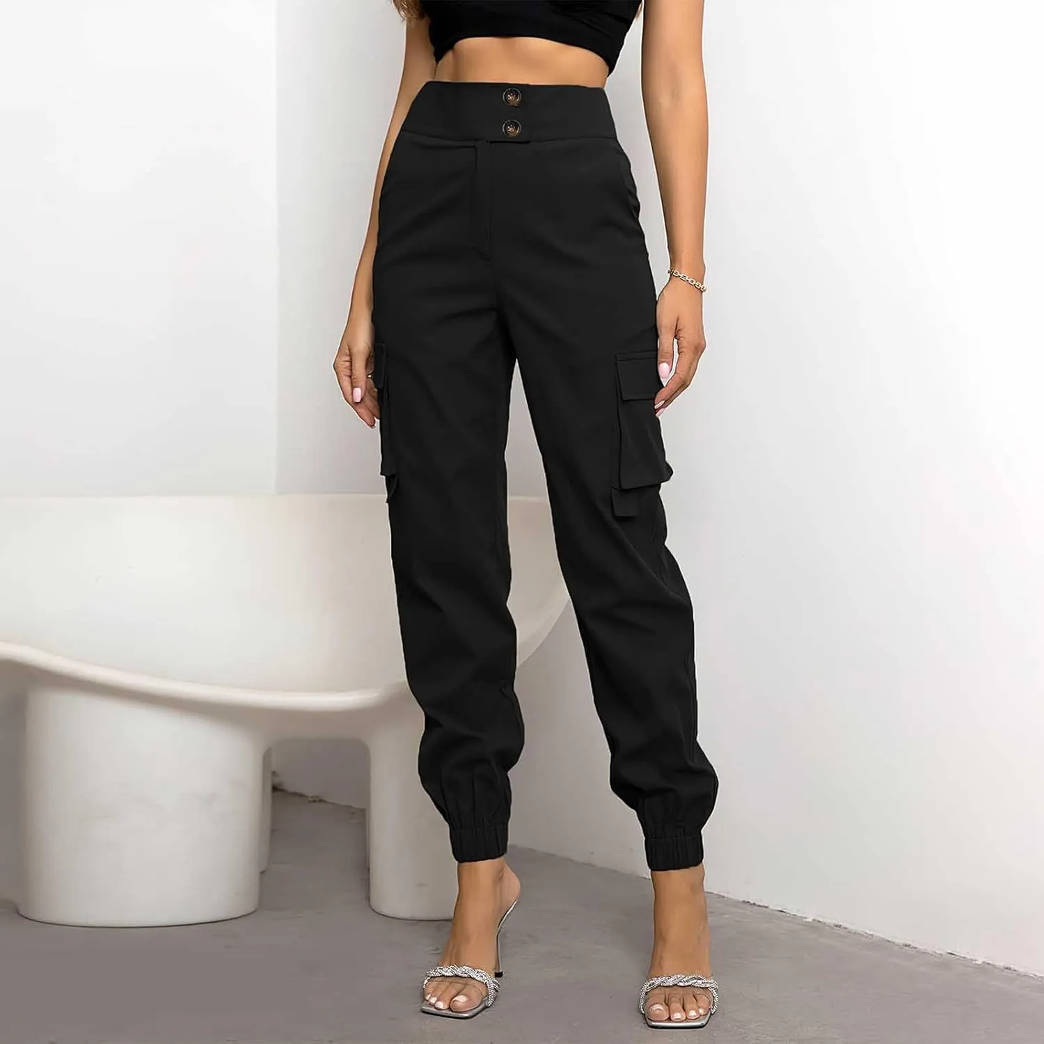 Women's Cargo Jogger Pants with Pockets Casual Button High Waist Slim Fit Workout Athletic Hiking Tapered Trousers