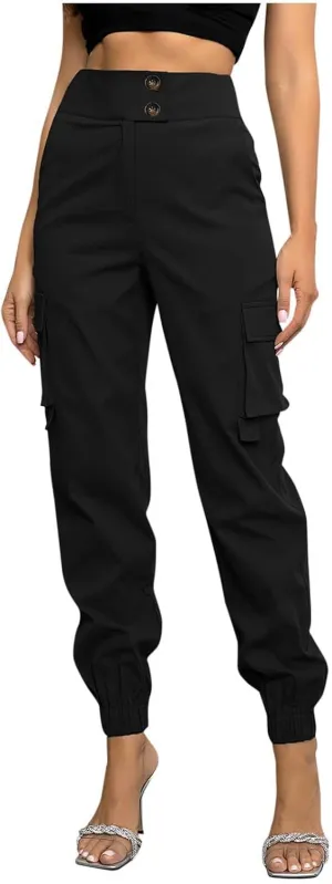 Women's Cargo Jogger Pants with Pockets Casual Button High Waist Slim Fit Workout Athletic Hiking Tapered Trousers