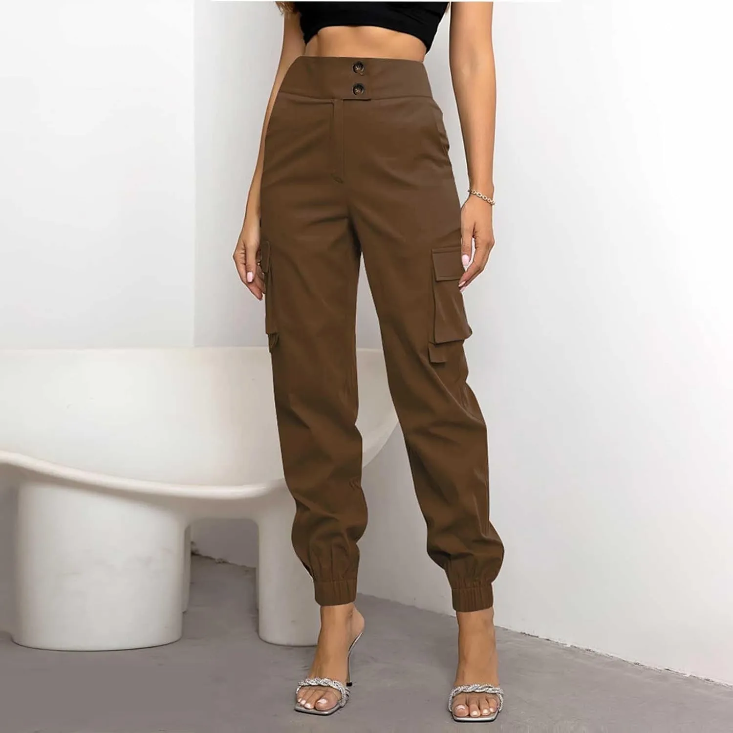 Women's Cargo Jogger Pants with Pockets Casual Button High Waist Slim Fit Workout Athletic Hiking Tapered Trousers