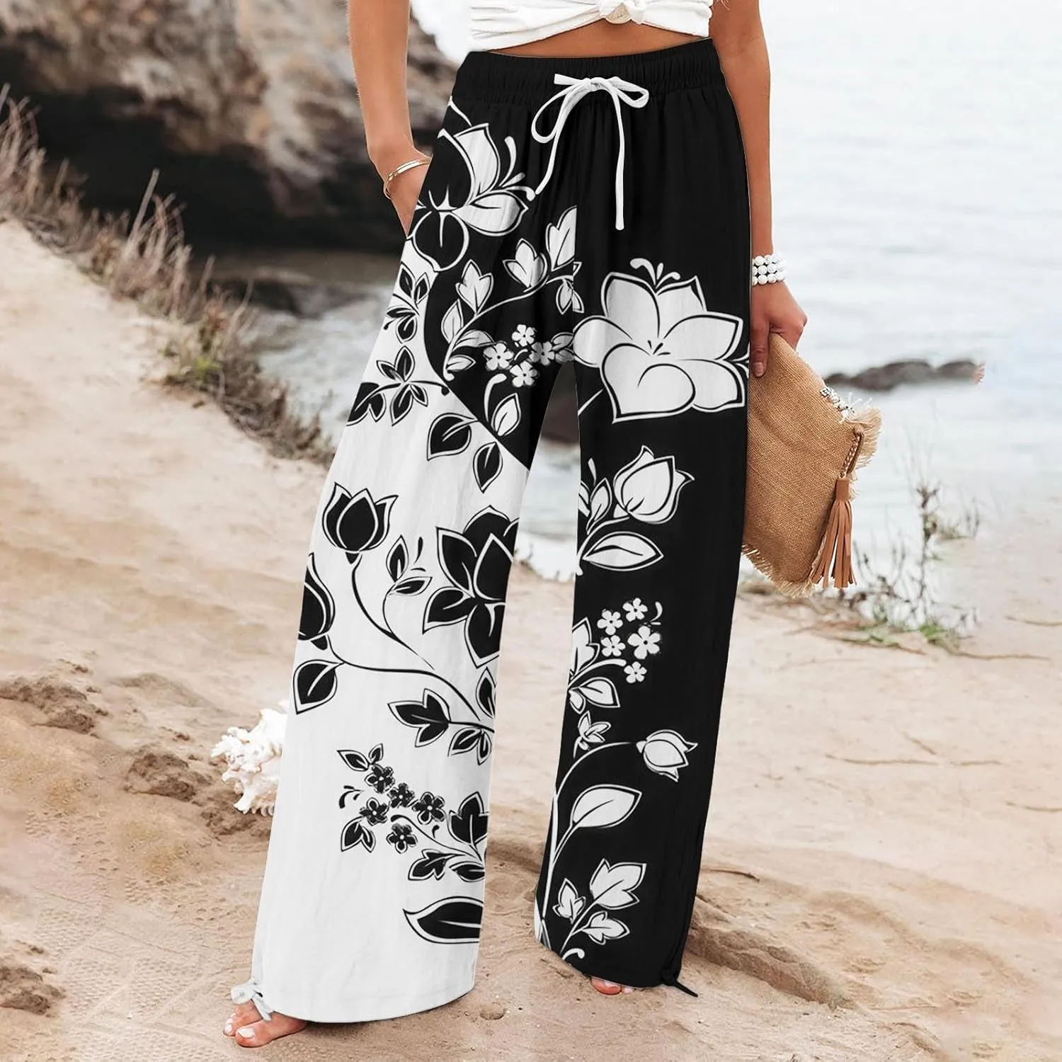 Womens Casual Boho Floral Cotton Linen Pants 2025 Elastic Waist Drawstring Summer Beach Baggy Trousers with Pockets