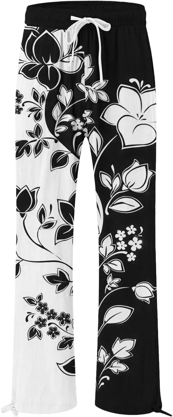 Womens Casual Boho Floral Cotton Linen Pants 2025 Elastic Waist Drawstring Summer Beach Baggy Trousers with Pockets