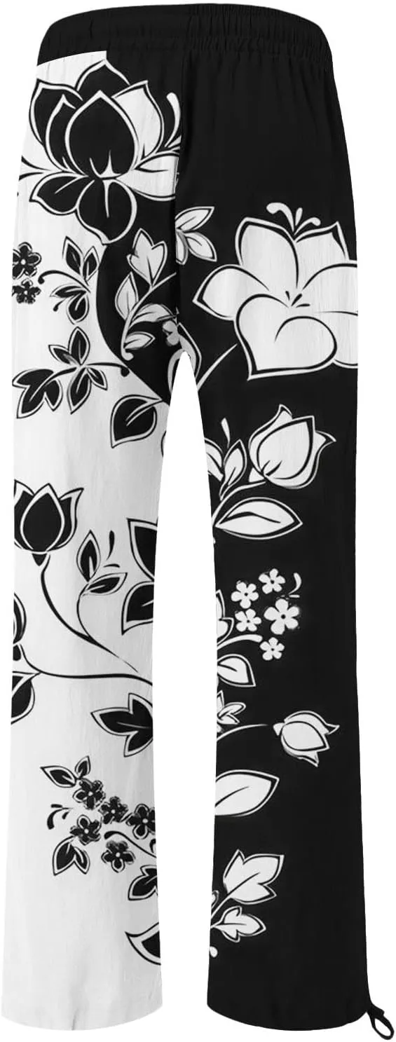 Womens Casual Boho Floral Cotton Linen Pants 2025 Elastic Waist Drawstring Summer Beach Baggy Trousers with Pockets