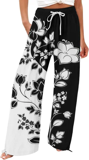 Womens Casual Boho Floral Cotton Linen Pants 2025 Elastic Waist Drawstring Summer Beach Baggy Trousers with Pockets