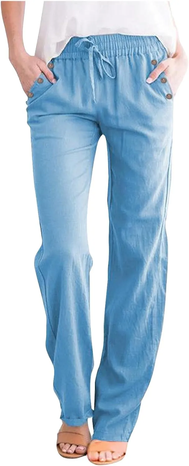 Women's Casual Cotton Linen Pants 2025 Summer Elastic Waist Straight Leg Comfy Solid Lounge Long Trouser with Pockets