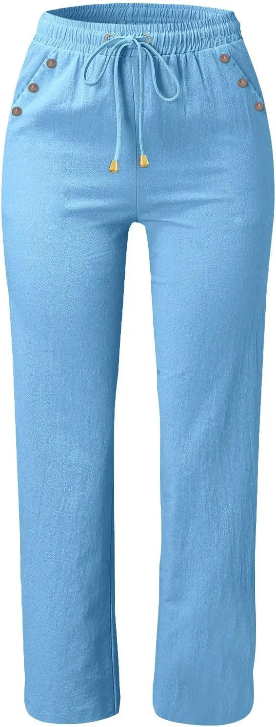 Women's Casual Cotton Linen Pants 2025 Summer Elastic Waist Straight Leg Comfy Solid Lounge Long Trouser with Pockets