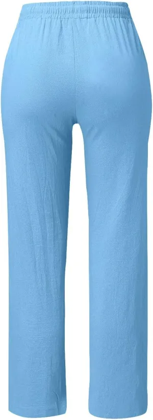 Women's Casual Cotton Linen Pants 2025 Summer Elastic Waist Straight Leg Comfy Solid Lounge Long Trouser with Pockets