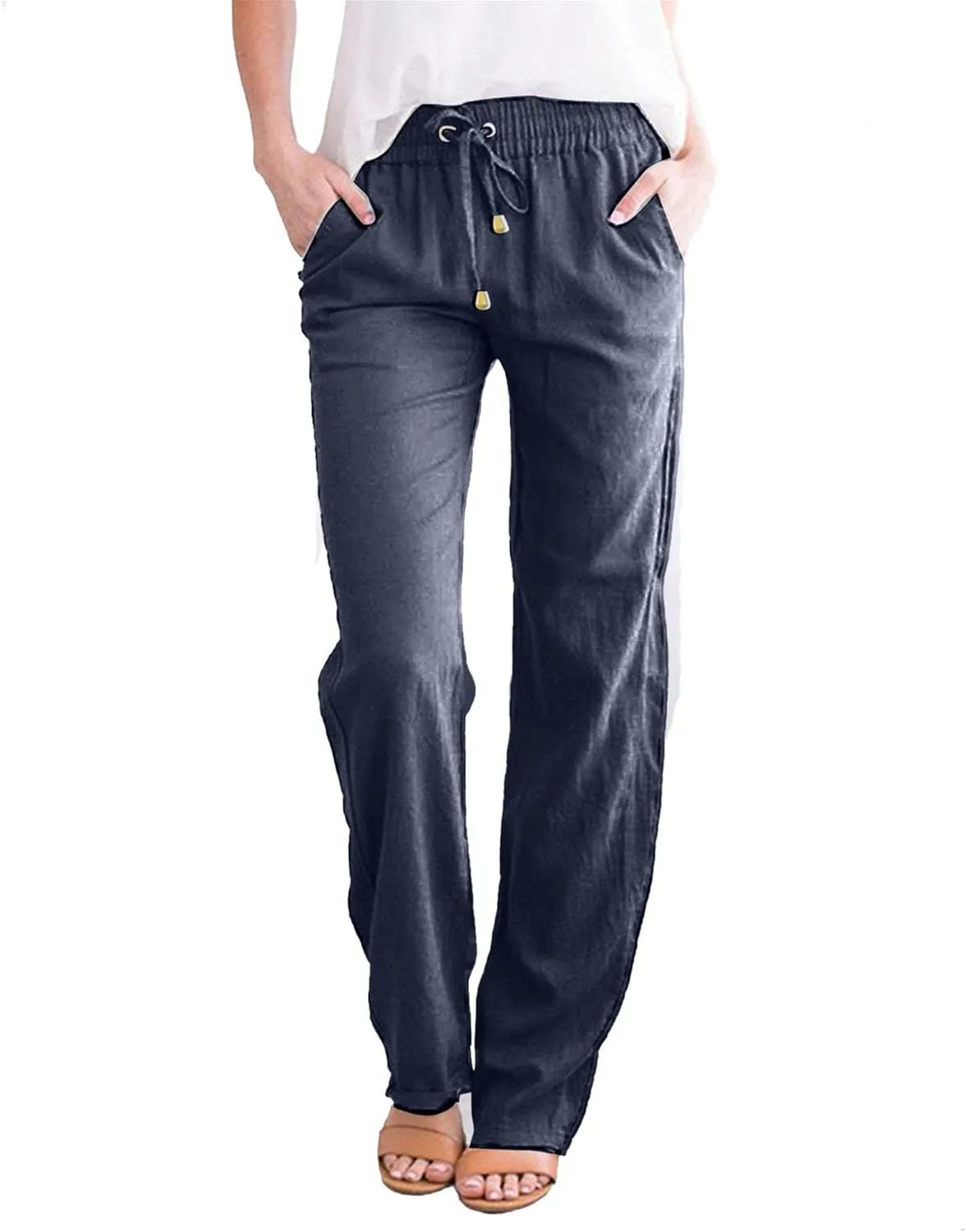 Womens Casual Linen High Waist Pants Drawstring Loose Fit Summer Pants Trousers with Side Pockets 2025 Trendy
