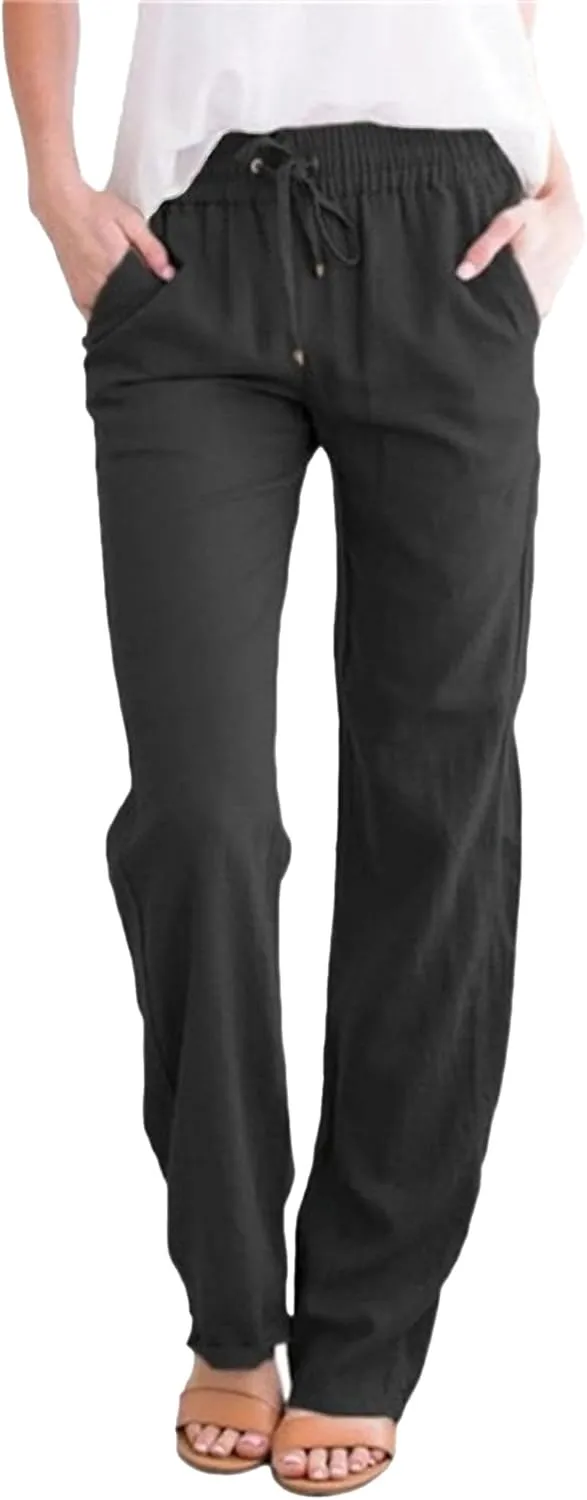 Womens Casual Linen High Waist Pants Drawstring Loose Fit Summer Pants Trousers with Side Pockets 2025 Trendy
