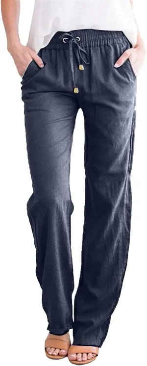 Womens Casual Linen High Waist Pants Drawstring Loose Fit Summer Pants Trousers with Side Pockets 2025 Trendy