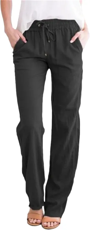 Womens Casual Linen High Waist Pants Drawstring Loose Fit Summer Pants Trousers with Side Pockets 2025 Trendy