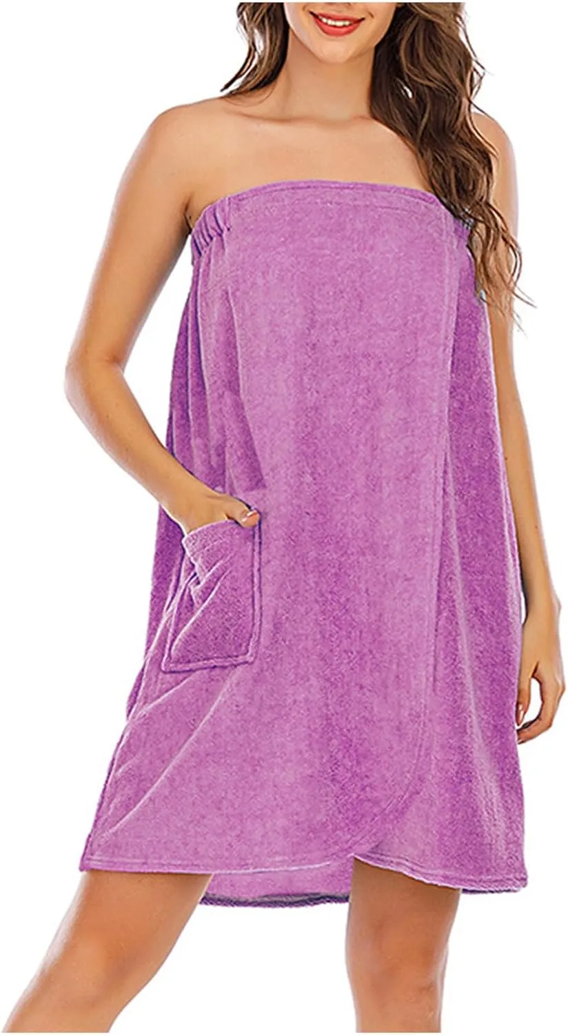 Women's Casual Thicken Sleeveless Spa Robe Sexy Strapless Bathrobe Elastic Top Split Loose Mini Dress with Pockets