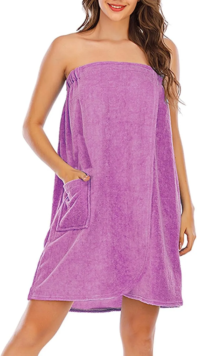 Women's Casual Thicken Sleeveless Spa Robe Sexy Strapless Bathrobe Elastic Top Split Loose Mini Dress with Pockets