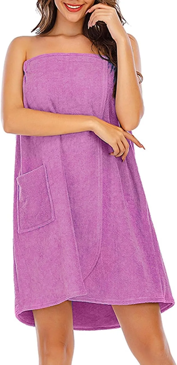 Women's Casual Thicken Sleeveless Spa Robe Sexy Strapless Bathrobe Elastic Top Split Loose Mini Dress with Pockets