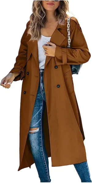 Women's Chic Pea Coats Notched Lapel Double Breasted Trench Coats Lightweight Long Sleeve Cardigan Work Office Jackets