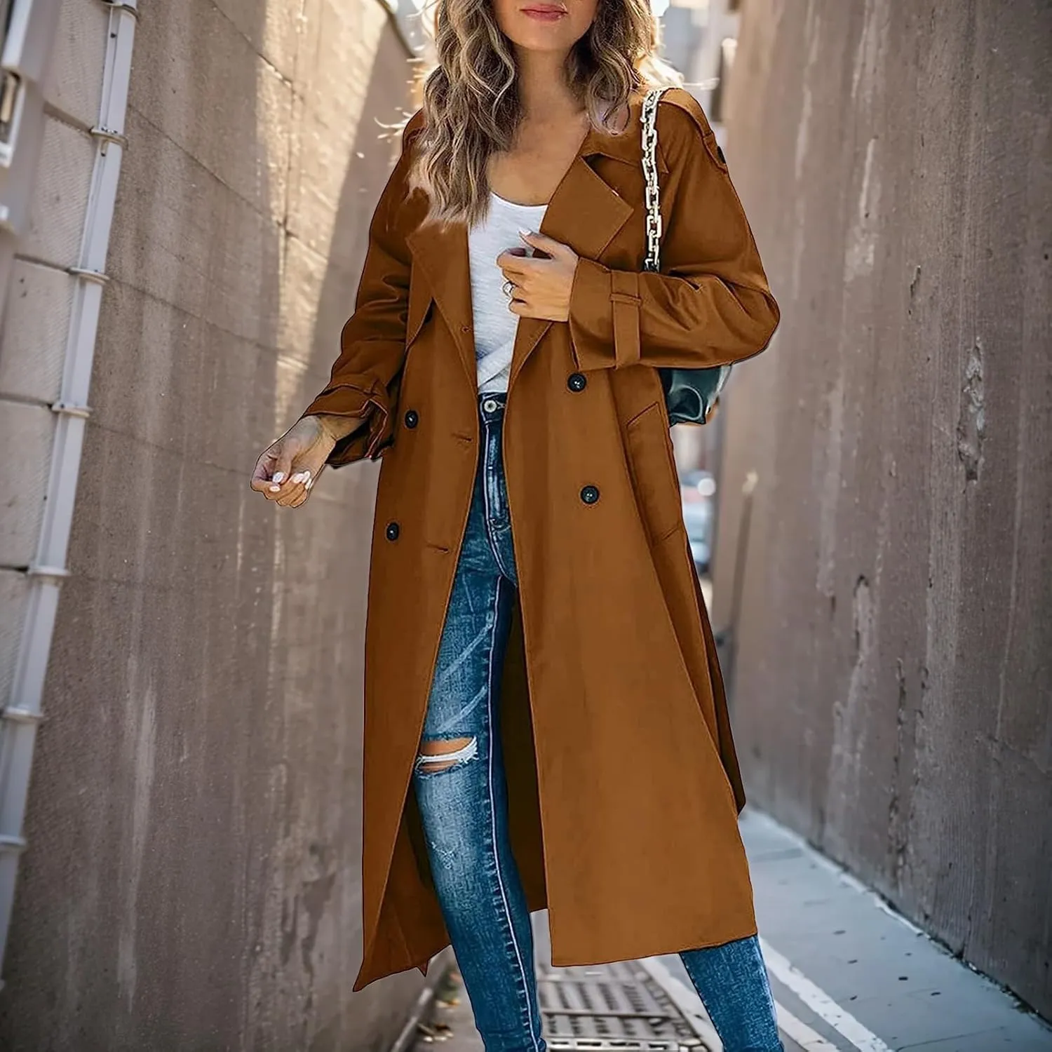 Women's Chic Pea Coats Notched Lapel Double Breasted Trench Coats Lightweight Long Sleeve Cardigan Work Office Jackets