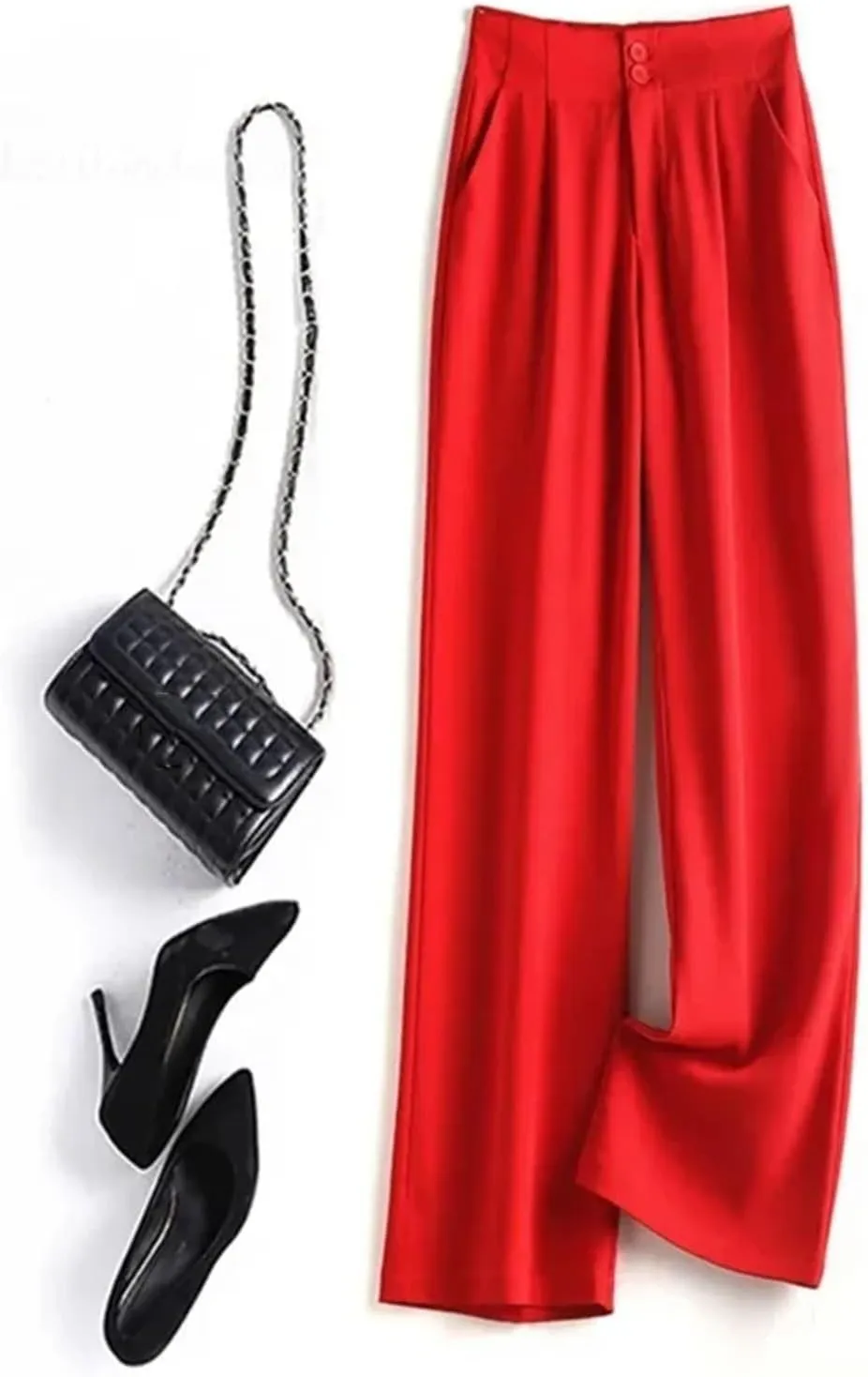 Womens Chiffon High Waist Wide-Leg Pants Loose Fit Year-Round Office Casual Trousers