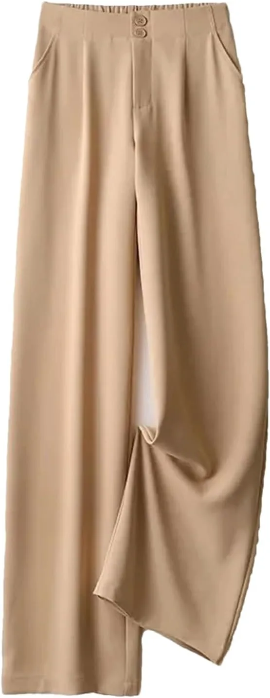 Womens Chiffon High Waist Wide-Leg Pants Loose Fit Year-Round Office Casual Trousers