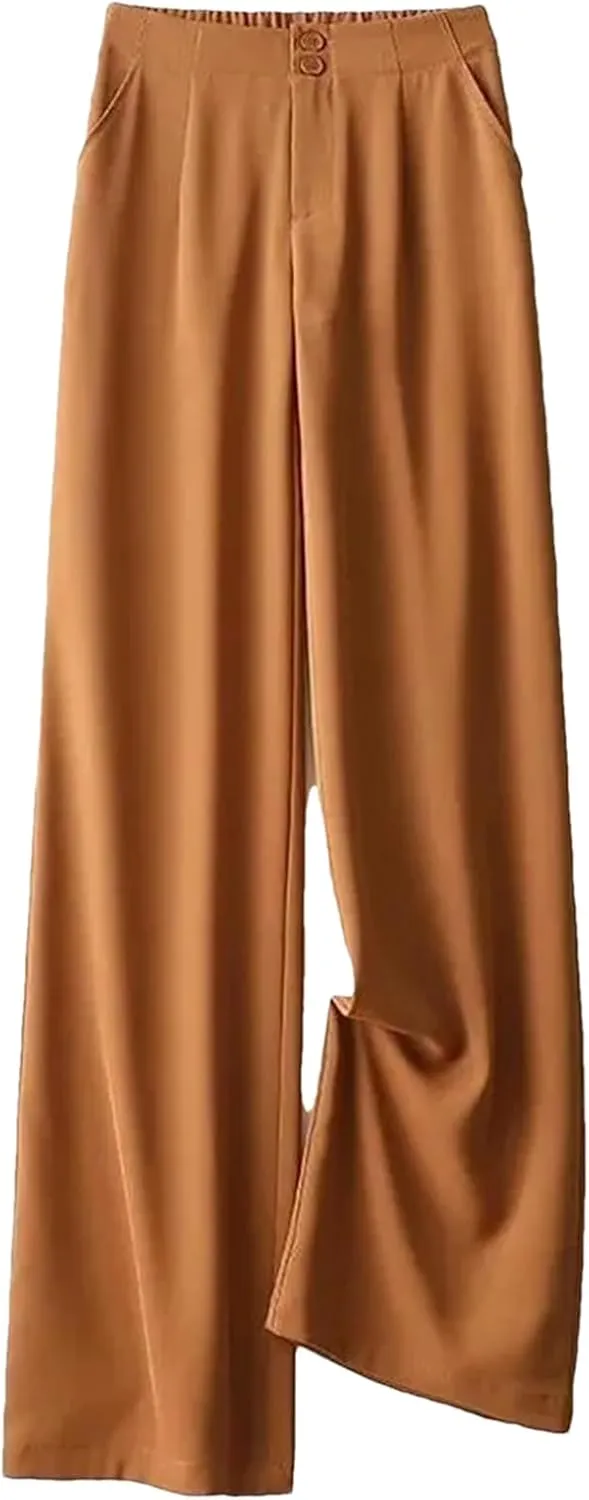 Womens Chiffon High Waist Wide-Leg Pants Loose Fit Year-Round Office Casual Trousers