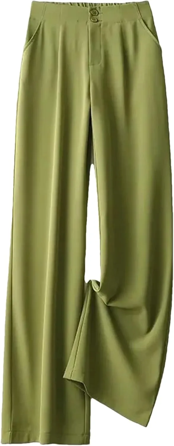 Womens Chiffon High Waist Wide-Leg Pants Loose Fit Year-Round Office Casual Trousers