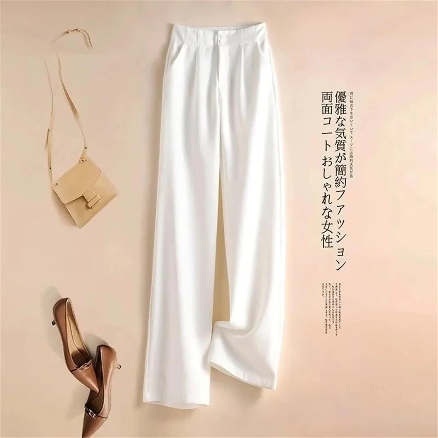 Womens Chiffon High Waist Wide-Leg Pants Loose Fit Year-Round Office Casual Trousers