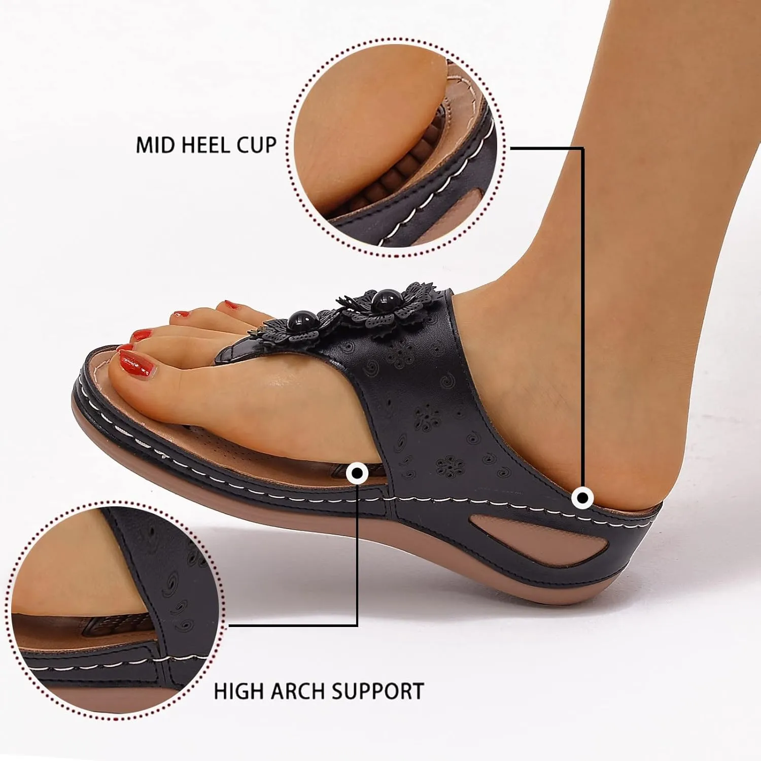 Womens Comfy Wedge Orthopedic Sandals Summer Platform Orthopedic Womens Slippers with Arch Support Plantar Fasciitis Black Ladies Sandals Orthopedic Women's Black Flat Sandals Sandals for Women 2025