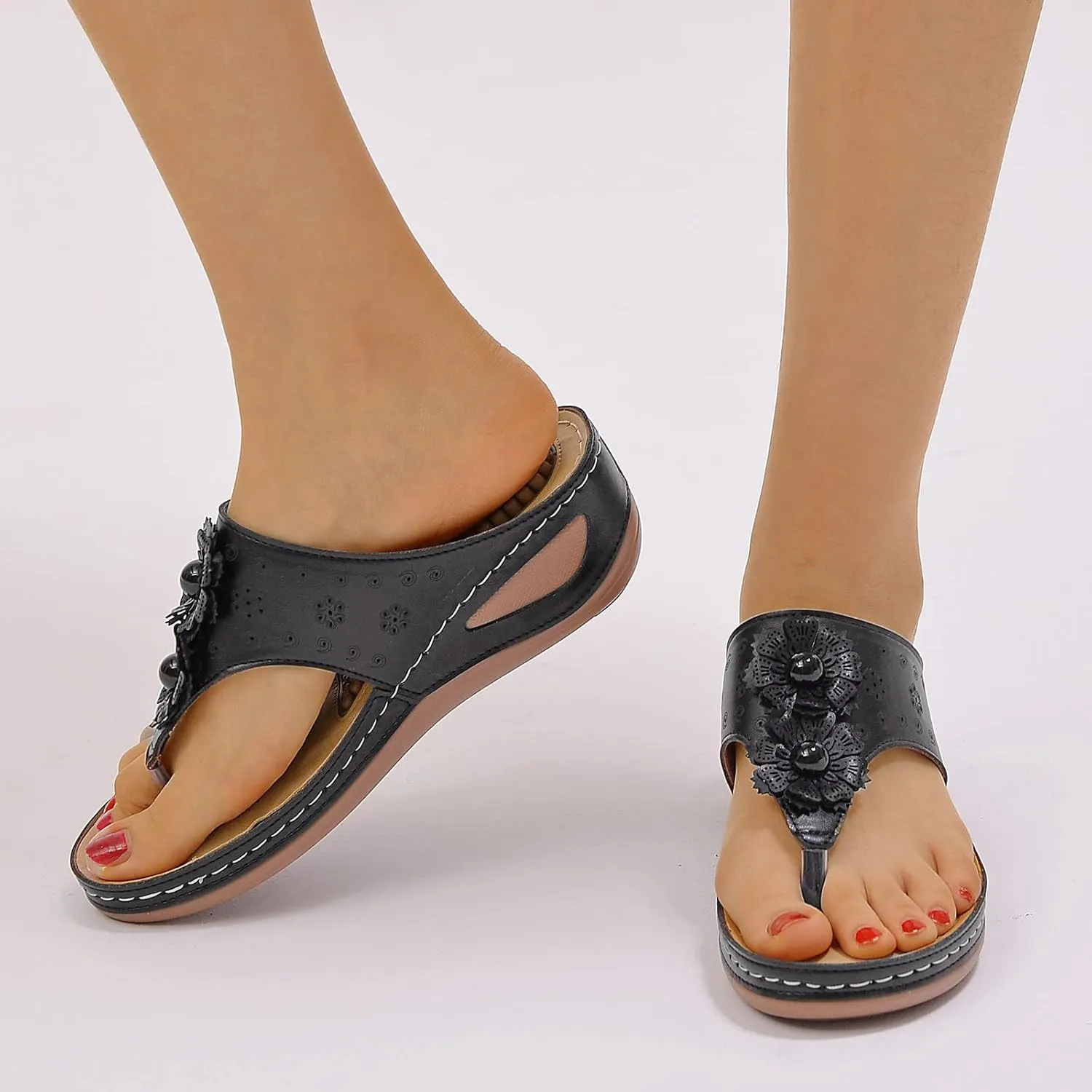 Womens Comfy Wedge Orthopedic Sandals Summer Platform Orthopedic Womens Slippers with Arch Support Plantar Fasciitis Black Ladies Sandals Orthopedic Women's Black Flat Sandals Sandals for Women 2025