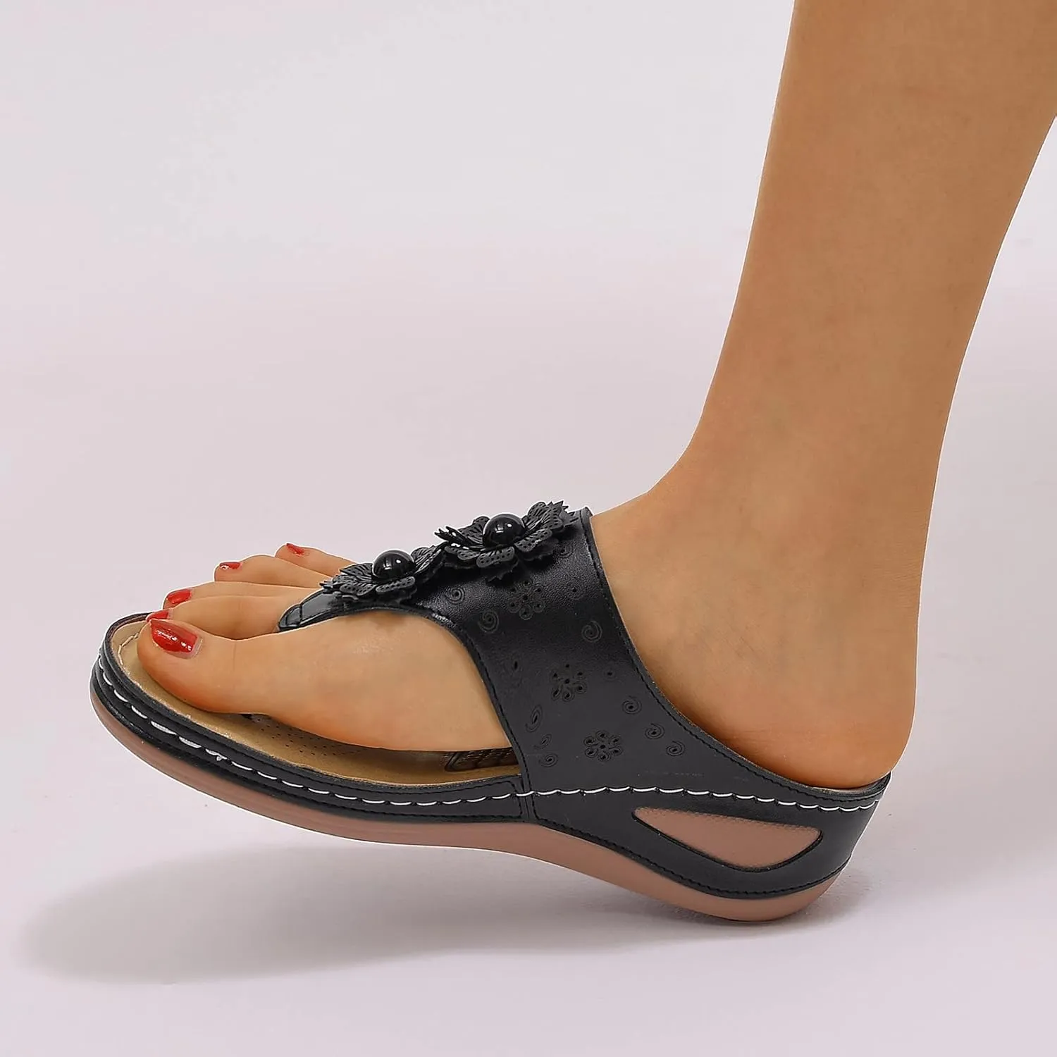 Womens Comfy Wedge Orthopedic Sandals Summer Platform Orthopedic Womens Slippers with Arch Support Plantar Fasciitis Black Ladies Sandals Orthopedic Women's Black Flat Sandals Sandals for Women 2025