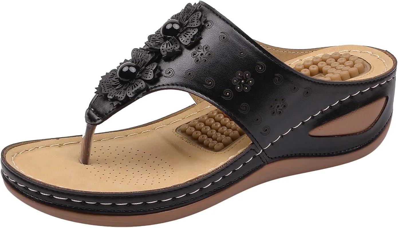 Womens Comfy Wedge Orthopedic Sandals Summer Platform Orthopedic Womens Slippers with Arch Support Plantar Fasciitis Black Ladies Sandals Orthopedic Women's Black Flat Sandals Sandals for Women 2025