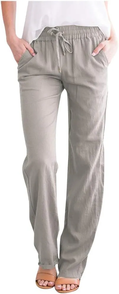 Women's Cotton Linen Pants Summer 2025 - Breathable Wide Leg Trousers with Elastic Waist, Lightweight Casual Comfort Slimming Palazzo Pants