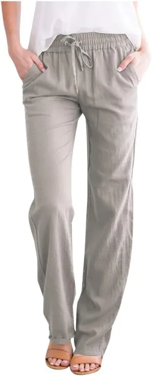 Women's Cotton Linen Pants Summer 2025 - Breathable Wide Leg Trousers with Elastic Waist, Lightweight Casual Comfort Slimming Palazzo Pants