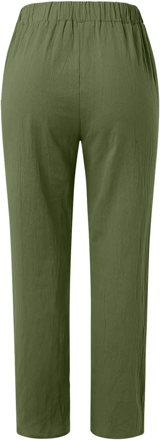 Womens Cotton Linen Pants Summer Casual Loose Beach Pant Lightweight High Waist Cropped Baggy Trousers with Pockets