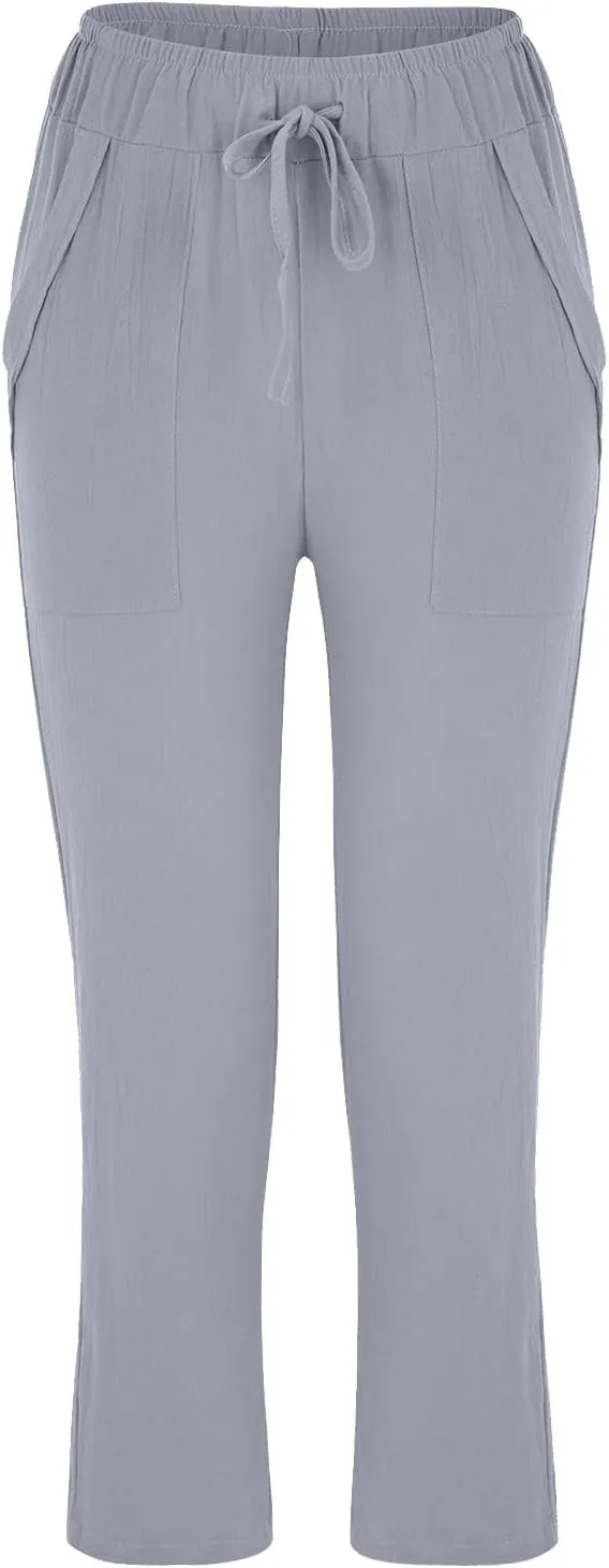 Women's Cotton Linen Trousers Solid Color High Waist Pocket Loose Fit Casual Trousers Flared Lace Pants