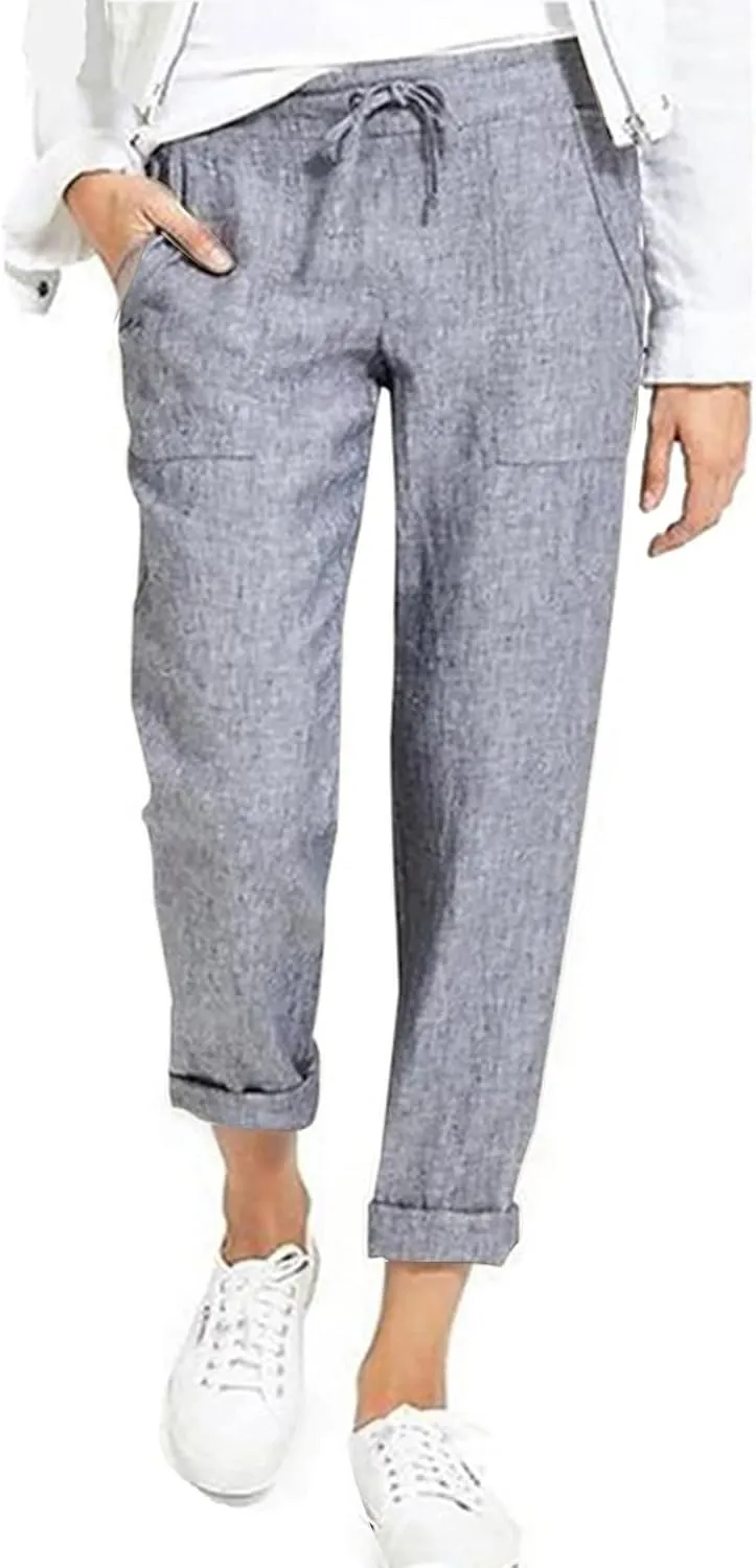 Women's Cotton Linen Trousers Solid Color High Waist Pocket Loose Fit Casual Trousers Flared Lace Pants