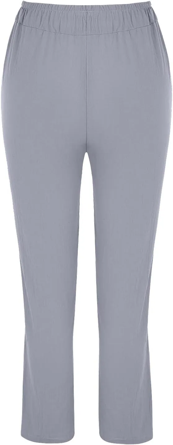 Women's Cotton Linen Trousers Solid Color High Waist Pocket Loose Fit Casual Trousers Flared Lace Pants