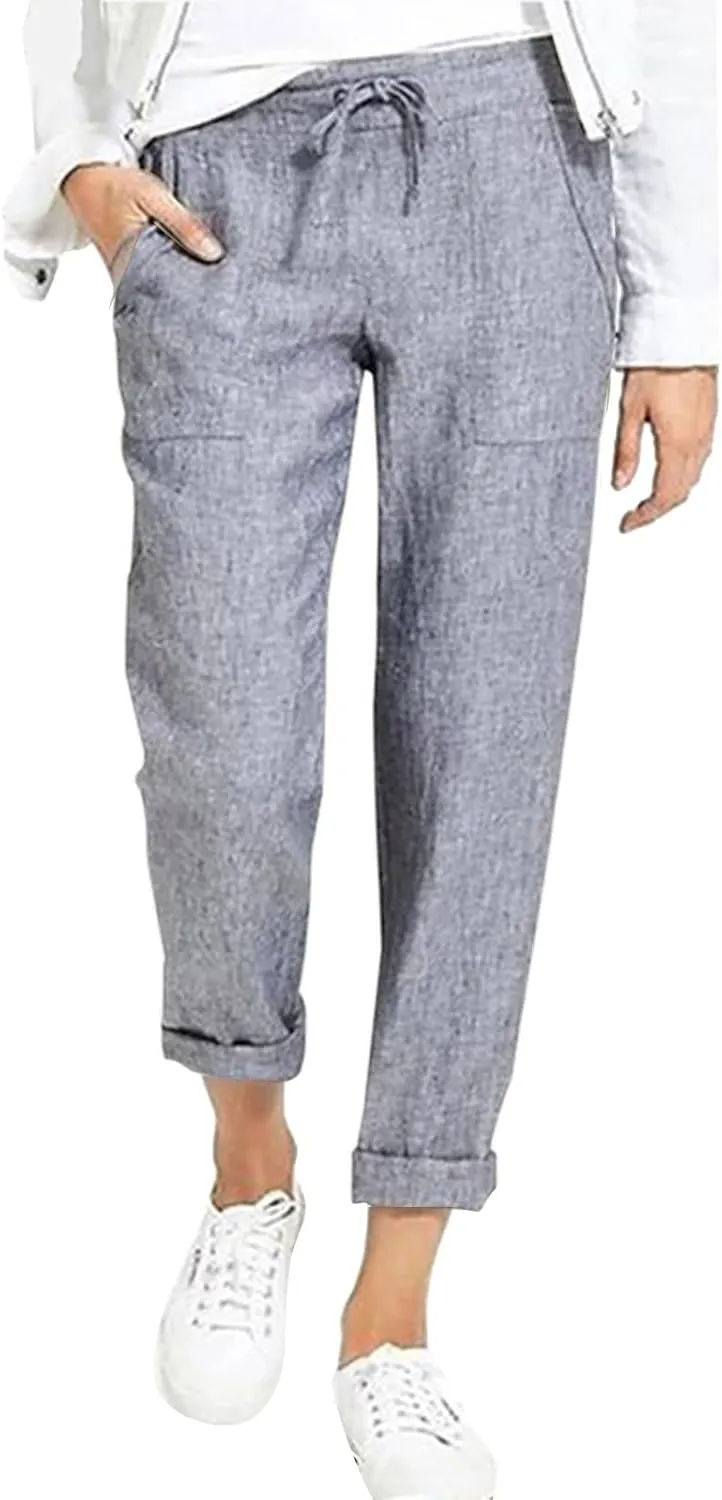 Women's Cotton Linen Trousers Solid Color High Waist Pocket Loose Fit Casual Trousers Flared Lace Pants