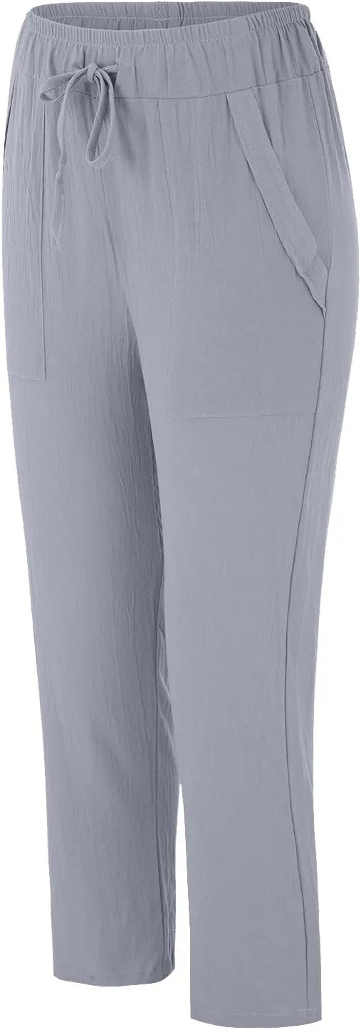 Women's Cotton Linen Trousers Solid Color High Waist Pocket Loose Fit Casual Trousers Flared Lace Pants