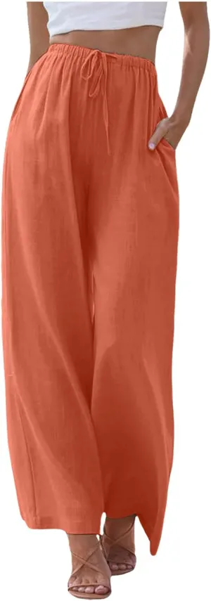 Womens Cotton Linen Wide Leg Pants Palazzo Flowy Pants Summer Elastic High Waist Beach Pants Comfy Pants with Pockets