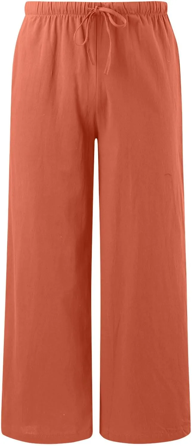 Womens Cotton Linen Wide Leg Pants Palazzo Flowy Pants Summer Elastic High Waist Beach Pants Comfy Pants with Pockets
