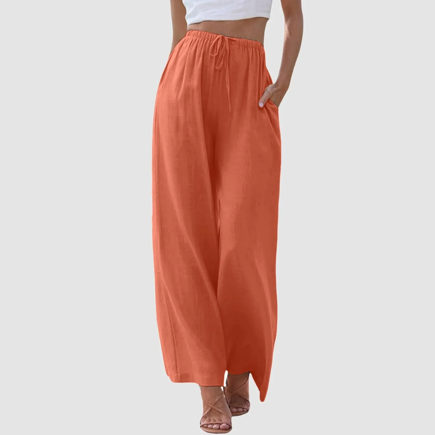Womens Cotton Linen Wide Leg Pants Palazzo Flowy Pants Summer Elastic High Waist Beach Pants Comfy Pants with Pockets