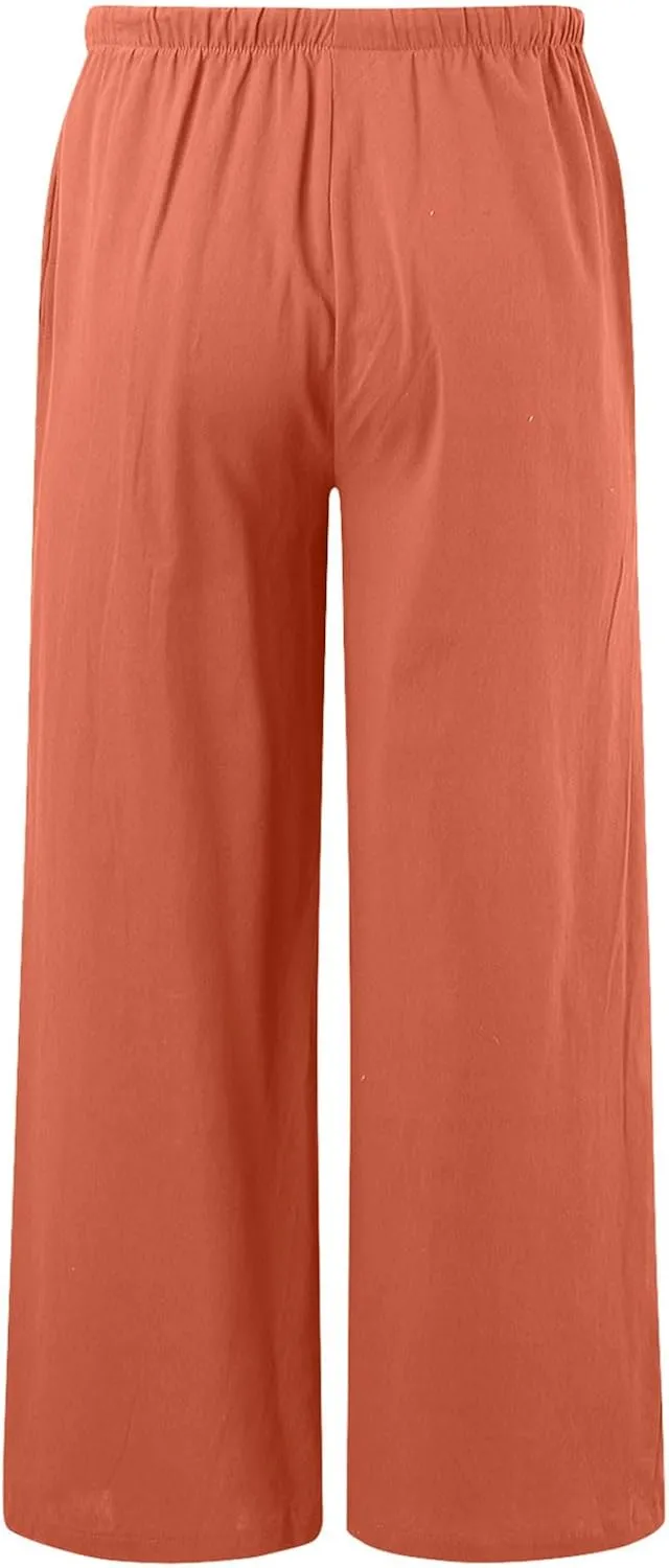 Womens Cotton Linen Wide Leg Pants Palazzo Flowy Pants Summer Elastic High Waist Beach Pants Comfy Pants with Pockets