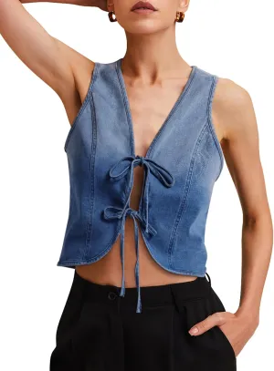 Womens Denim Vest Crop Sleeveless V Neck Denim Top Retro Tie Up Front Jean Vest