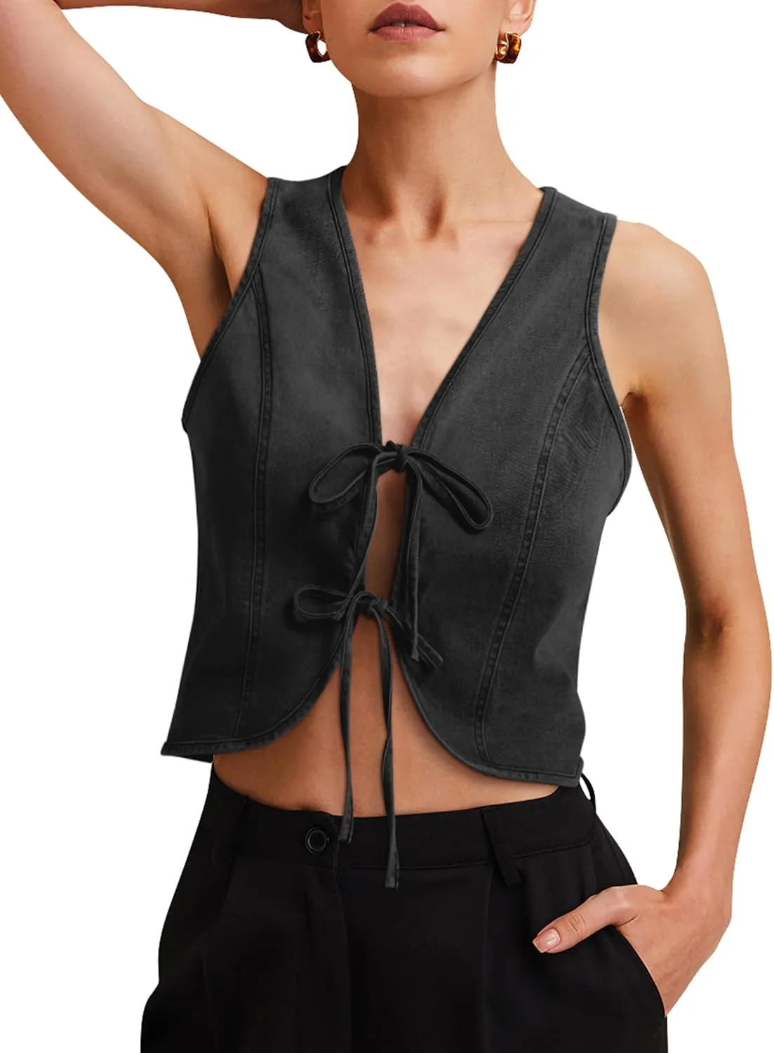 Womens Denim Vest Crop Sleeveless V Neck Denim Top Retro Tie Up Front Jean Vest