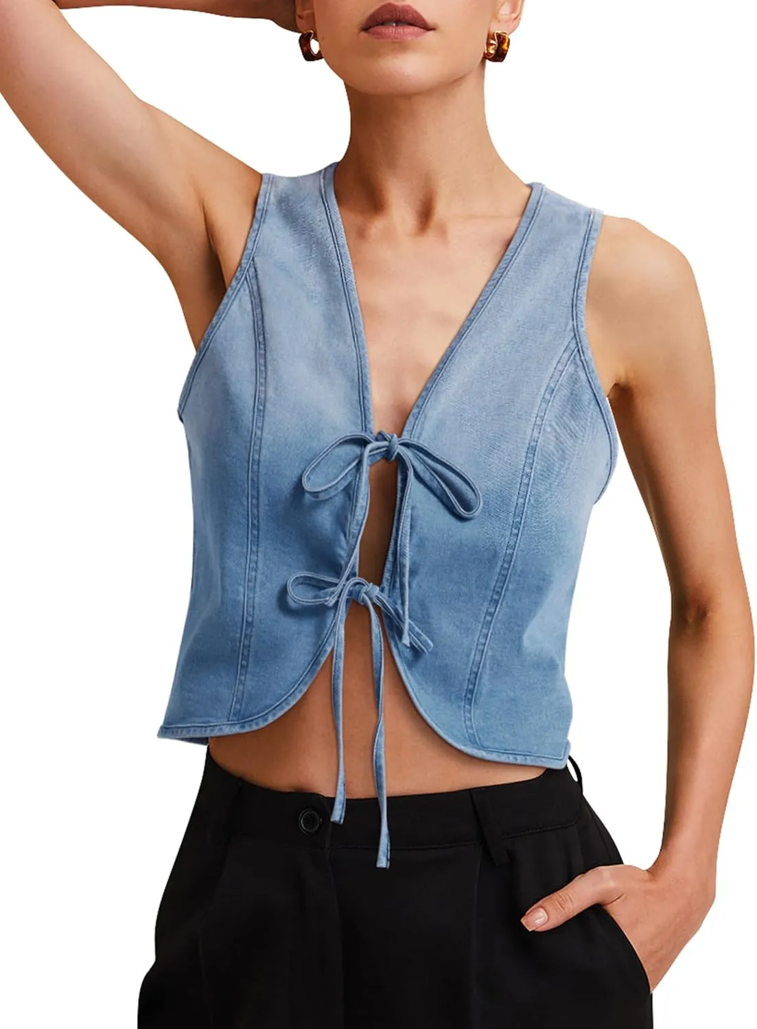 Womens Denim Vest Crop Sleeveless V Neck Denim Top Retro Tie Up Front Jean Vest