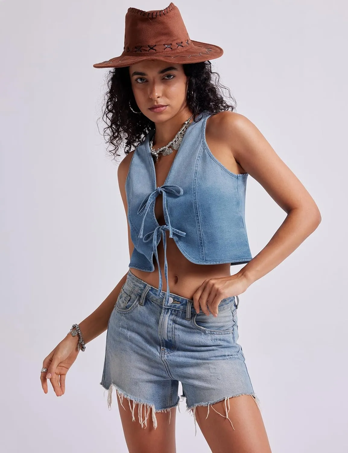 Womens Denim Vest Crop Sleeveless V Neck Denim Top Retro Tie Up Front Jean Vest