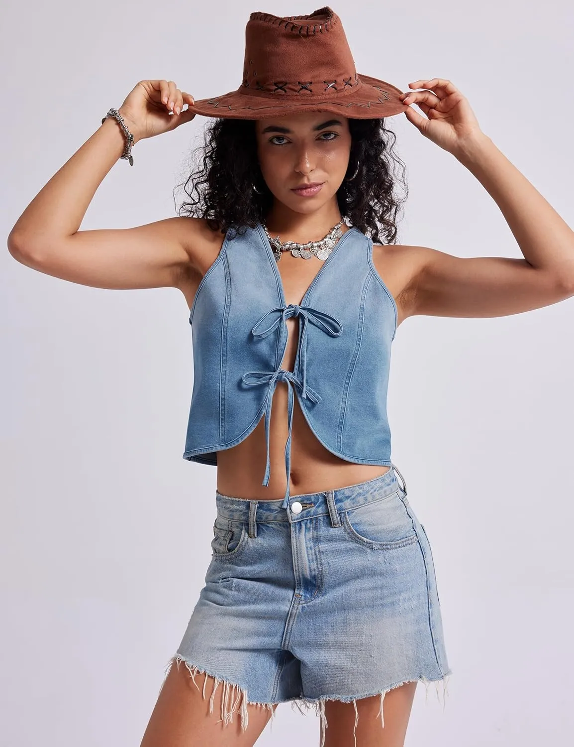 Womens Denim Vest Crop Sleeveless V Neck Denim Top Retro Tie Up Front Jean Vest