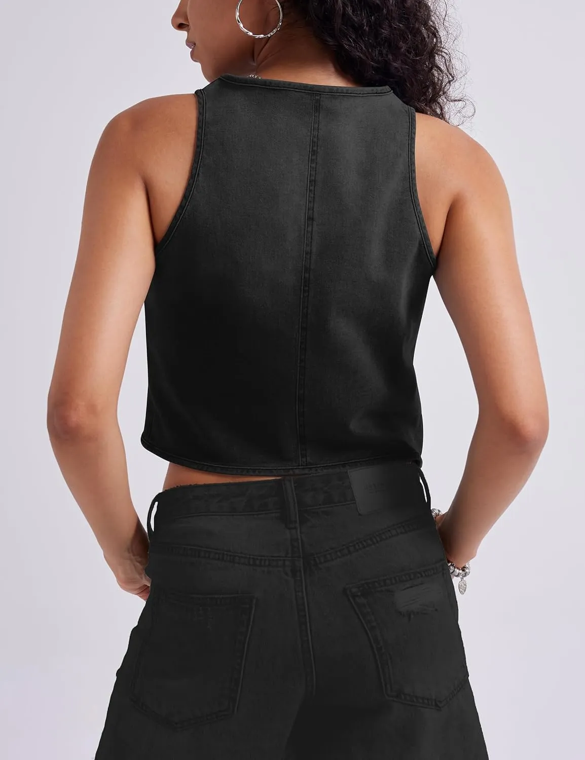 Womens Denim Vest Crop Sleeveless V Neck Denim Top Retro Tie Up Front Jean Vest