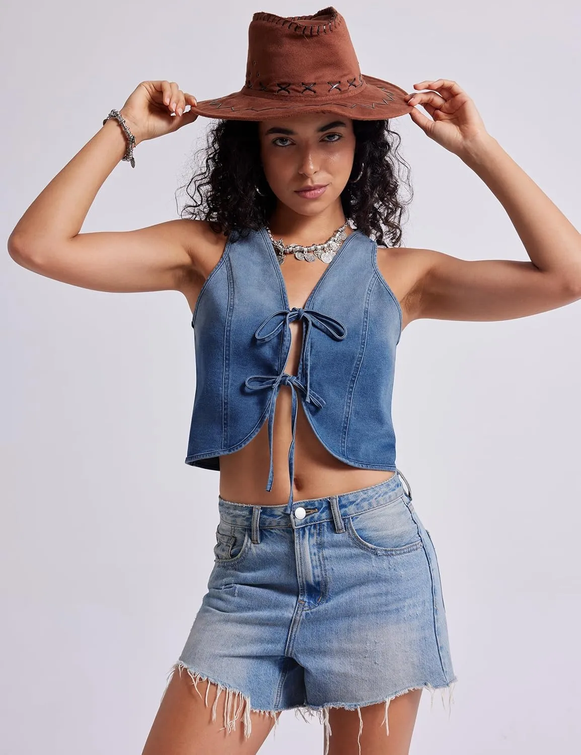 Womens Denim Vest Crop Sleeveless V Neck Denim Top Retro Tie Up Front Jean Vest
